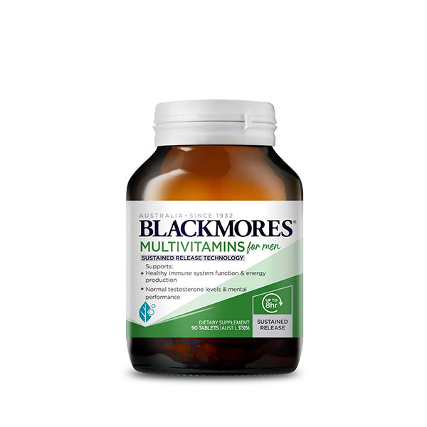 A bottle of Blackmores Multivitamin for men, with 'Sustained Release Technology' label, indicating it supports energy production, immune system function, and reproductive health.