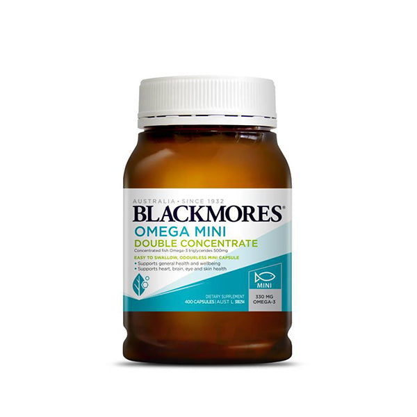 A bottle of Blackmores Omega Mini Double Concentrate, a fish oil supplement with a label indicating it is made in Australia and contains 330mg of omega-3 per capsule.