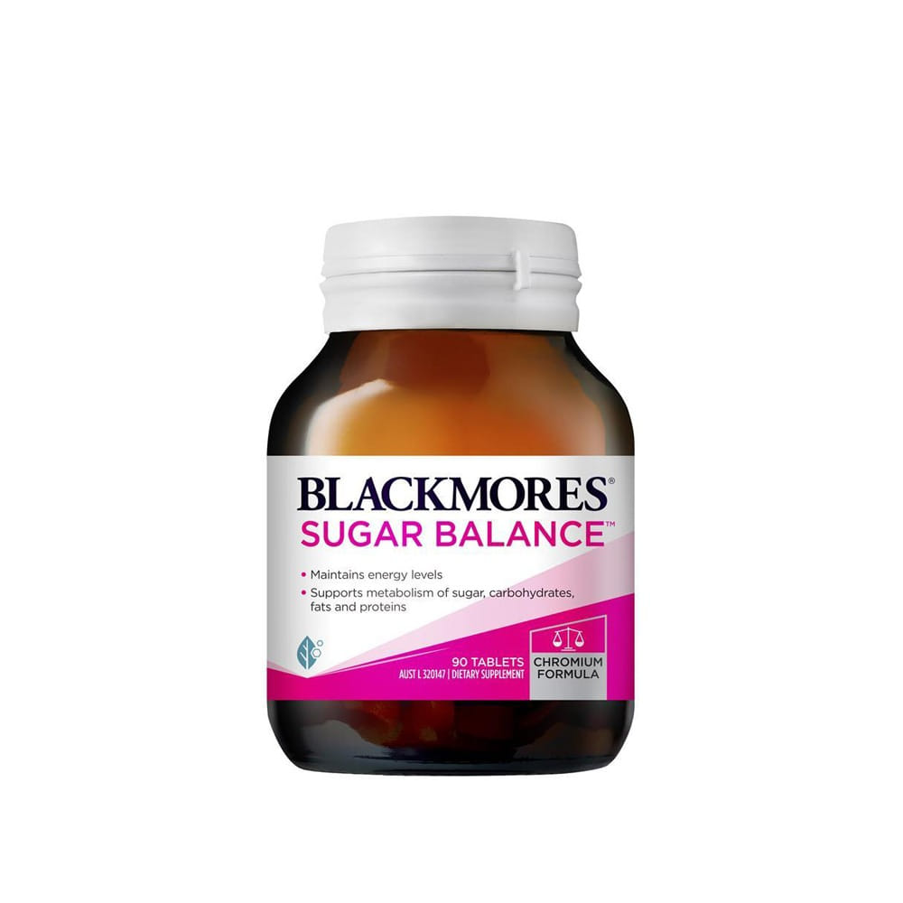 A bottle of Blackmores Sugar Balance 90 Tablets designed to support sugar and carbohydrate metabolism.
