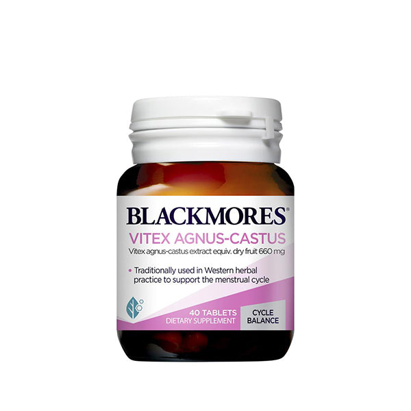 A bottle of Blackmores Vitex Agnus-Castus, with 40 tablets, traditionally used for hormonal balance and menstrual cycle support.