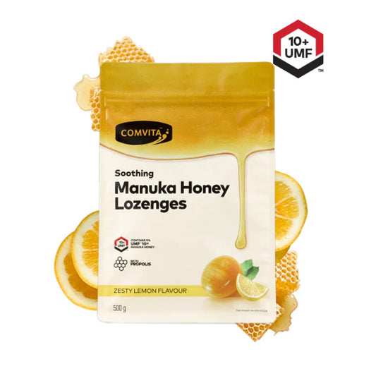 Packaging of Comvita Manuka Honey Lozenges with lemon flavour, indicating UMF 10+ quality, 500g size.